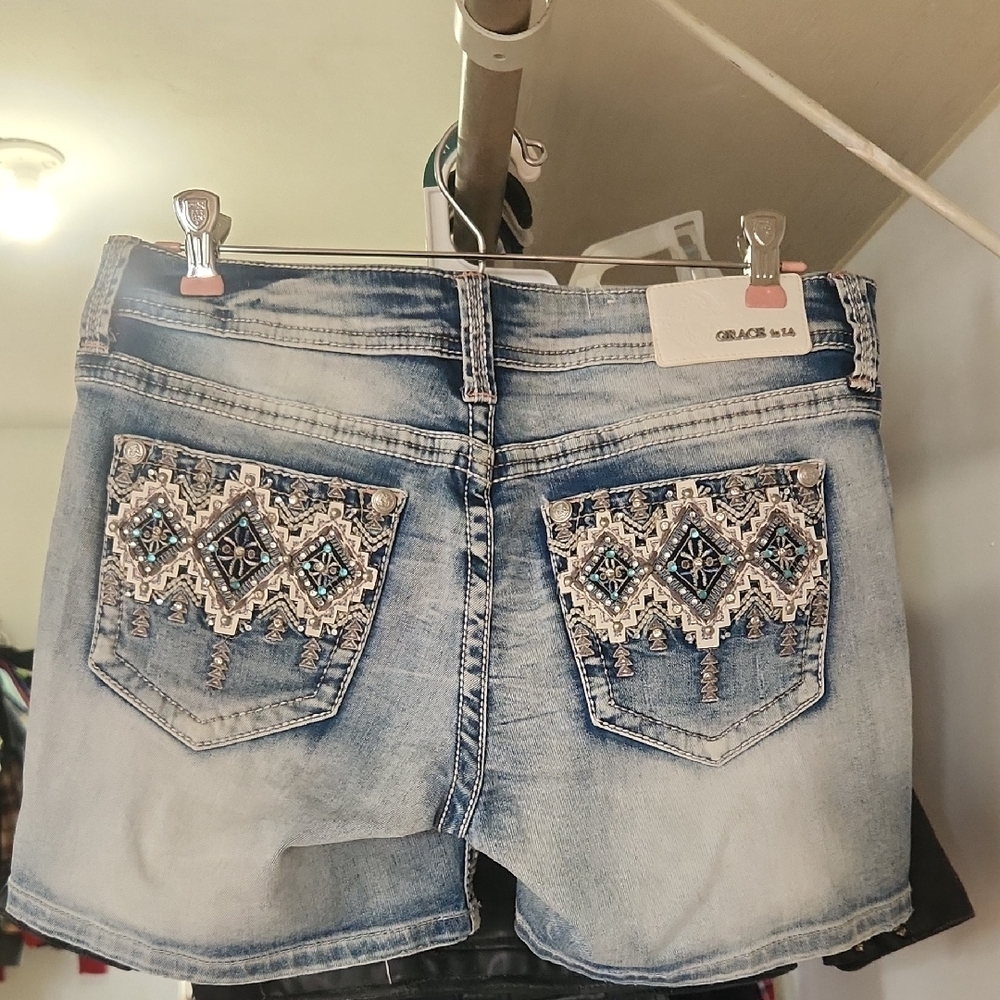 Grace in LA Blue Embroidered Jean Shorts